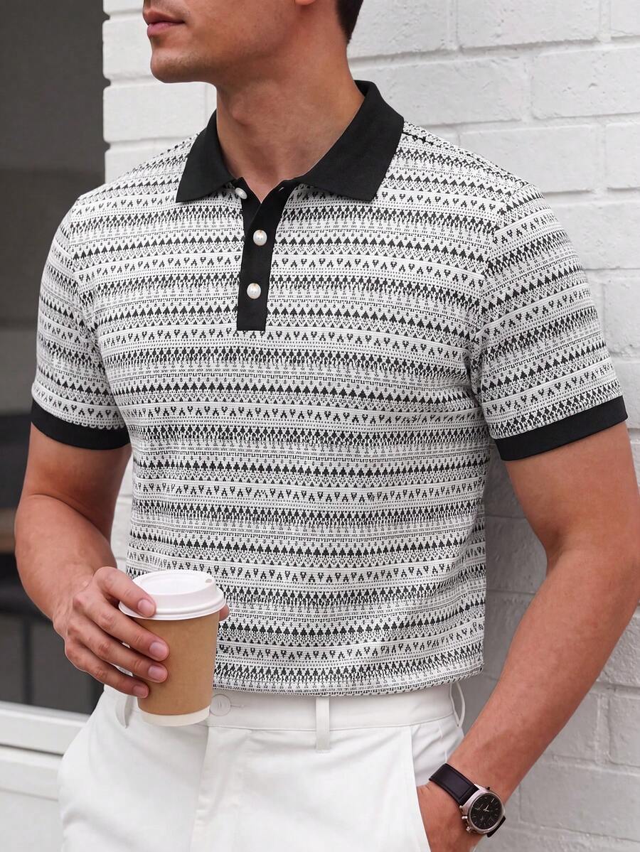 Manfinity Mode 2026春夏男士復古休閒保守風費爾島針織 Polo 衫,黑白復古對比色透氣度假款 - 彩色 - 查看 1
