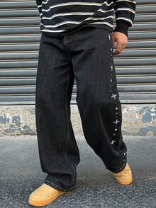 DAZY Jeans de hombre para primavera con botones de strass y decoración de perlas falsas - Negro - Ver 4