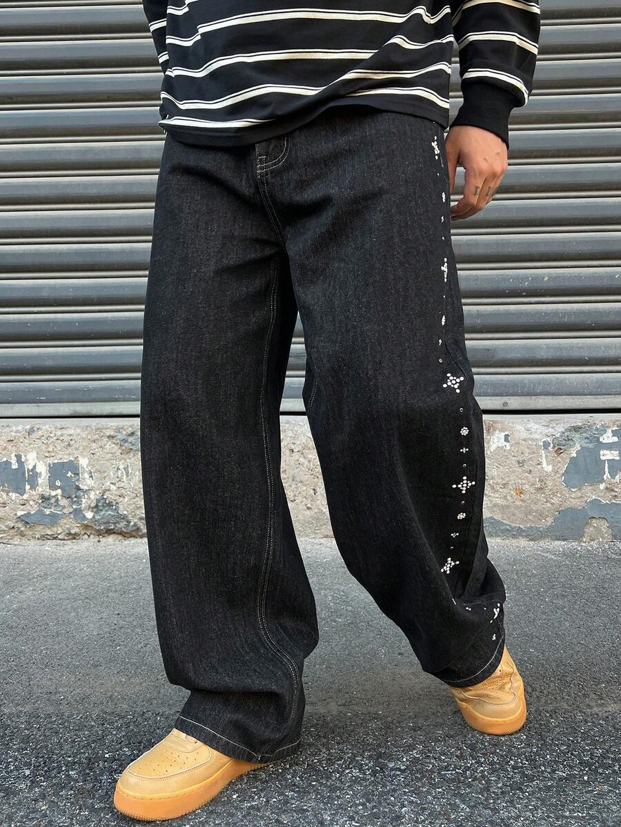 DAZY Men's Spring Faux Pearl Decorated Rhinestone Button Jeans - Black - View 1