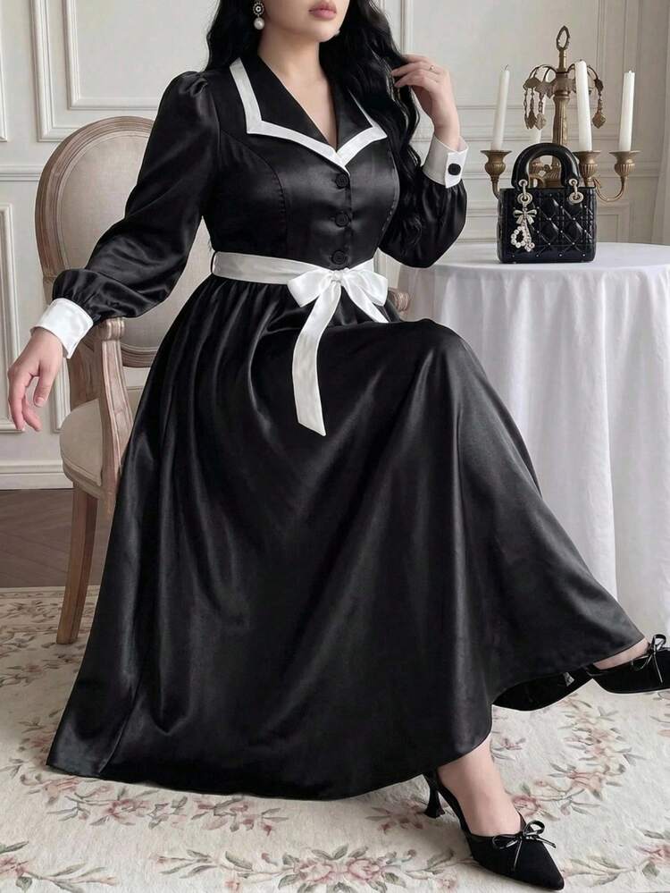 satin japanese style dress Vibekara Spring/Autumn Elegant Fashion Minimalist Date Commute Long Sleeve Blazer Collar Side Pleated Black & White Contrast Dress, Spring/Autumn Sweet Cute Glossy New Style Petite College Style Youthful _upsell_valencia-sandal-antler
