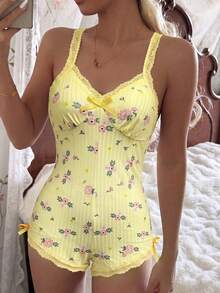 CottageSlumber Romantic Ditsy Floral Women's One-Piece Pajamas Pink Lace Cute Print Loungewear - Yellow - View 6
