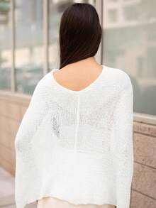 Andrea Bello Sexy Shawl Versatile Knit Poncho Shawl, Spaghetti Strap Vacation Style V-Neck Asymmetric Shoulder Design Top White Summer - White - View 2