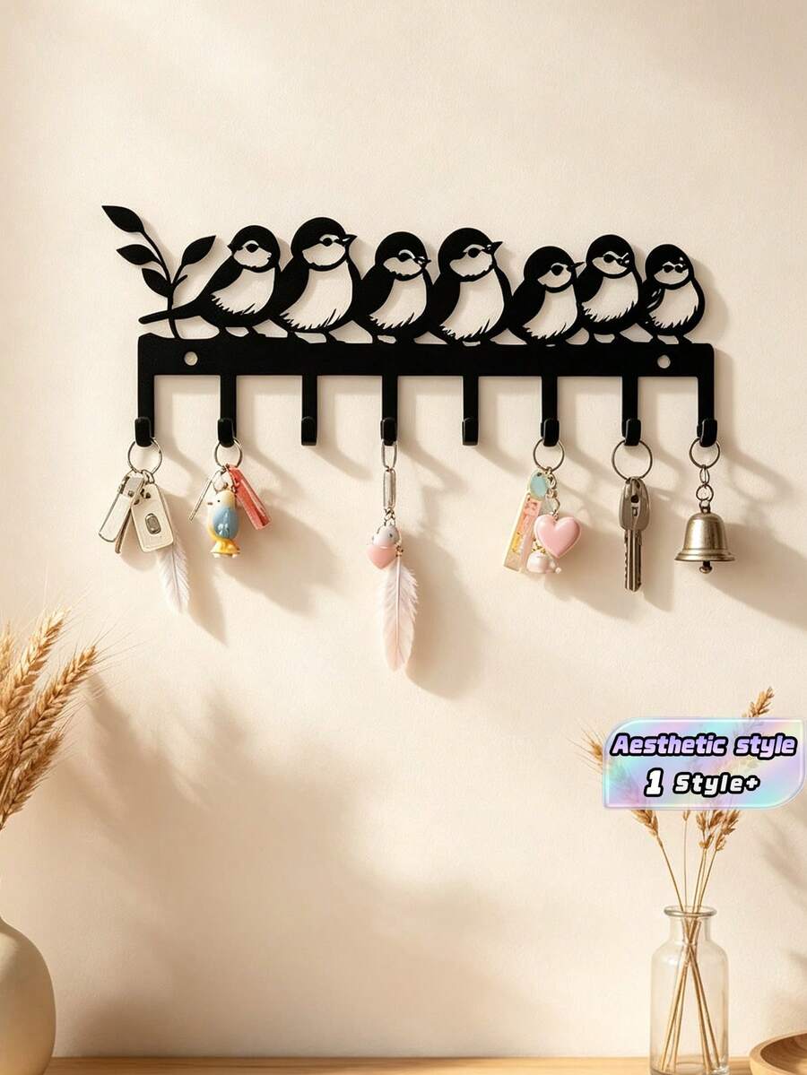 1Pc Metal Key Hook With Cute Bird Pattern, Wall Mounted Powder Coated Rustproof Key Holder Rack, Artistic Decorative Entryway Hallway Organizer, Space Saving Hook Rack For Hats Keys Small Items, Easy Install Home Decor Accessories - Black - View 1