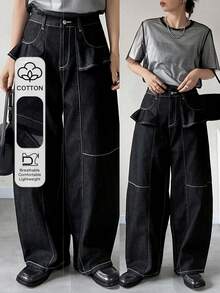 Dazy Tall Women's Loose Curved Leg Jeans With Stitching Decor, Casual Urban Style Fall - Black - View 9