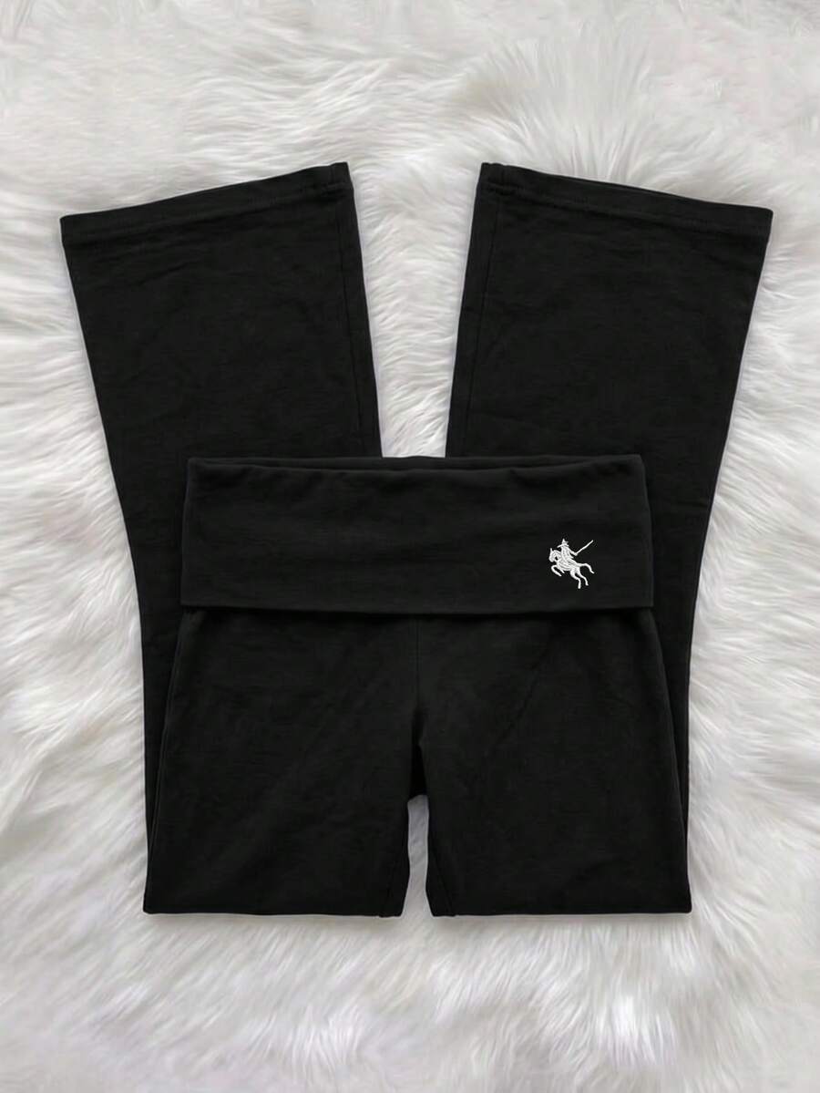 IslaSuriya Women's Embroidered Horse Logo Flip Waist Long Pants - Black - View 1