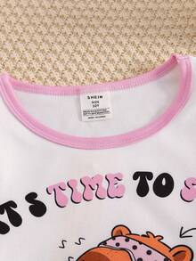 SHEIN 女童紧身裤和长袖睡衣，图案活泼可爱，面料柔软有弹性，适合儿童日常穿着 - 淺粉色 - 查看 5