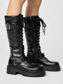 ROMWE Grunge Punk 女款過膝靴，時尚繫帶厚底粗跟聖誕靴，暗黑搖滾龐克哥德 Y2K 派對主題高筒靴，學院風騎士靴 - --黑色. - 查看 4