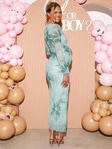 Loomaby 孕婦花卉印花圓領長袖修身優雅洋裝 - 綠色 - 查看 2