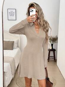 SHEIN LUNE Women's Casual Elegant Autumn/Winter Commute Daily Basic Fashion Outing Office Brunch Outfit Long Sleeve Mini Dress Beige - Khaki - View 5