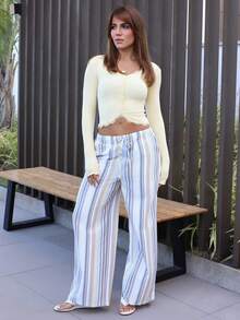 Hariany Almeida Damen Frühling und Sommer Spitze Einsätze V-Ausschnitt Langarm Slim Fit T-Shirt Ausgeh-Oberteile, Herbst Damen Kleidung Lässig - Gelb - Übersicht 3