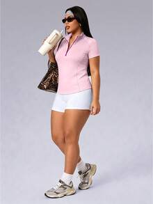 SHEIN Rhythm Era 大尺碼休閒極簡風 1/4 拉鍊短袖運動衫，夏季健身運動淺粉色 - 粉色 - 查看 6