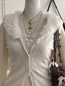 Lalippa Women's Solid Color Contrast Fur Collar Long Sleeve Knit Cardigan - Beige - View 3