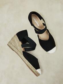 Styleloop Sandalias de tacón alto para mujer con tiras cruzadas de goma y cuerda de paja - Negro - Ver 4