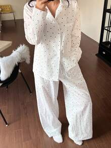 Dazy Tall Women's Polka Dot Blouse And Loose Long Pants Casual 2 Pieces Set Fall - White - View 7