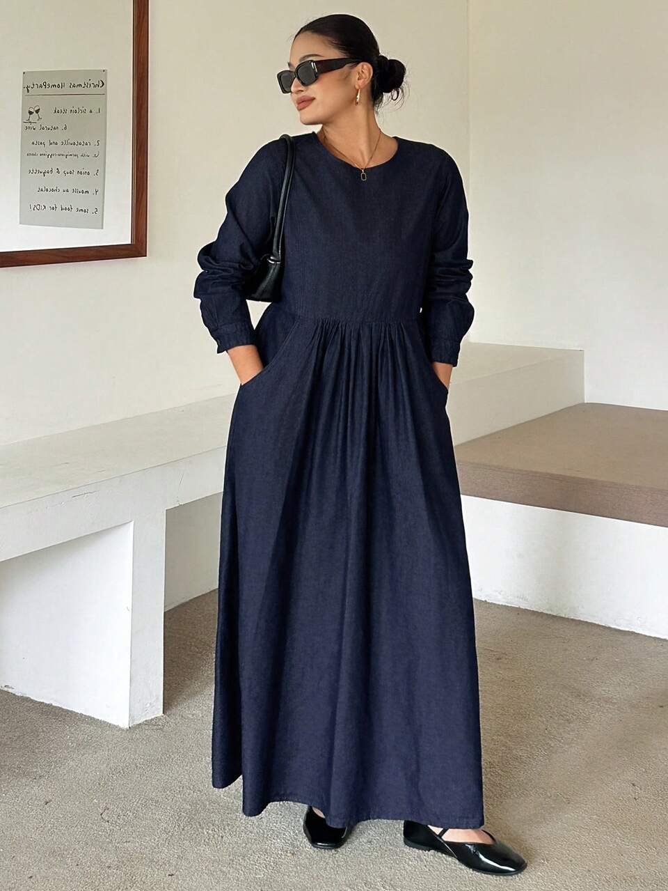 Dazy Plus Dark Vintage Denim Blue Casual Fitted Waist A-Line Long Dress, Spring/Autumn Long Sleeve Denim Dress