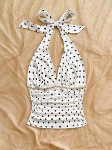 Soleia Plus Size White Polka Dot Print Knit Halter Neck Shell Tassel Decor Tank Top - Black and White - View 3