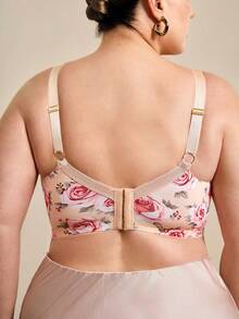 Hourtrue 1pc Plus Size Women Lace Patchwork Wireless Bra, Comfortable & Minimalist Design, Knitted Fabric - Apricot - View 3