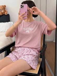 DAZY 2件組女款英文圖案短袖T恤與短款睡褲夏季睡衣套裝 - 粉色 - 查看 4