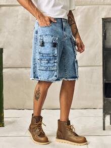 Norleigh Men's Distressed Light Blue Denim Cargo Shorts, Streetwear Loose Fit Jorts Tropical Street Hang Out Work - Light Wash - View 3
