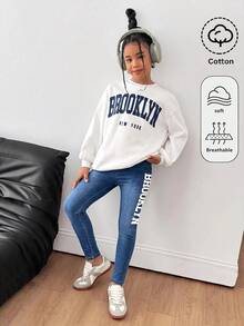 青少年女孩 2件套 白色字母圖案針織寬鬆圓領衛衣 & 藍色牛仔彈性緊身褲 - 藍白色 - 查看 4