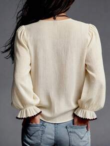 LUMIGAL Vintage Casual Apricot Shell Embroidery Contrast Color V-Neck Cuff Lace Contrast Color Flared Sleeve Long Sleeve Women's Blouse - Apricot - View 2