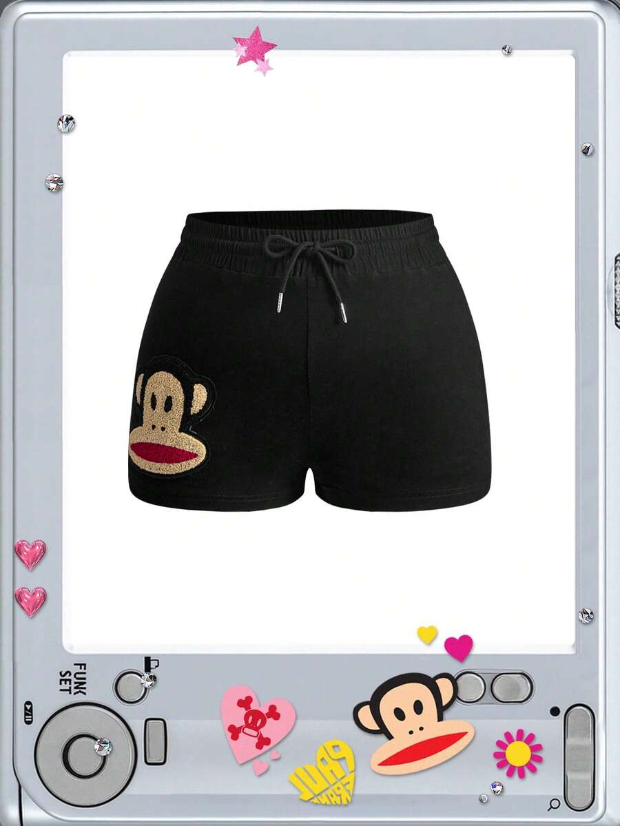 Paul Frank X ROMWE Plus Size Women's Drawstring Waist Cartoon Pattern Casual Everyday Shorts - Black - View 1