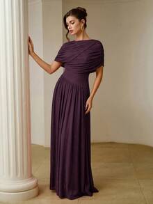 ZEYLAH Women's Solid Color Pleated Casual Party Long Dress - Bold Plum - View 4
