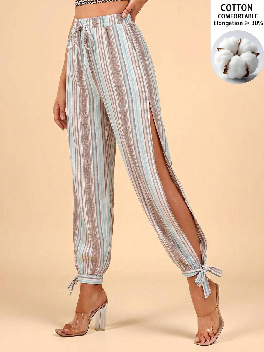 Travachic Celana Panjang Wanita Motif Garis-Garis dengan Blok Warna, Tali Serut di Pinggang, dan Belahan Samping, Cocok untuk Liburan