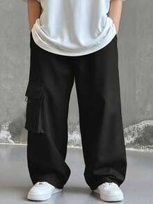 SHEIN 青少年男孩休閒日常舒適工裝直筒寬鬆長褲，黑色工裝褲，新年，六七歲，適合外出、出遊、上學，春、夏、秋、冬 - 黑色 - 查看 3