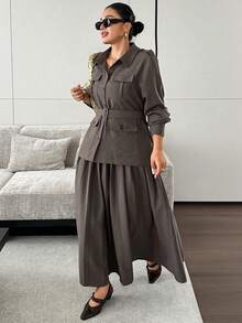 Dazy Plus Solid Color Casual Pocket Long Sleeve Blazer Top Pleated Long A-Line Skirt Spring Autumn Suit Set - Khaki - View 5