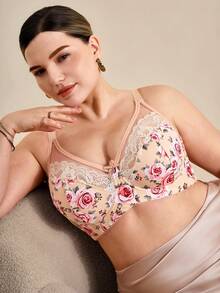Hourtrue 1pc Plus Size Women Lace Patchwork Wireless Bra, Comfortable & Minimalist Design, Knitted Fabric - Apricot - View 7