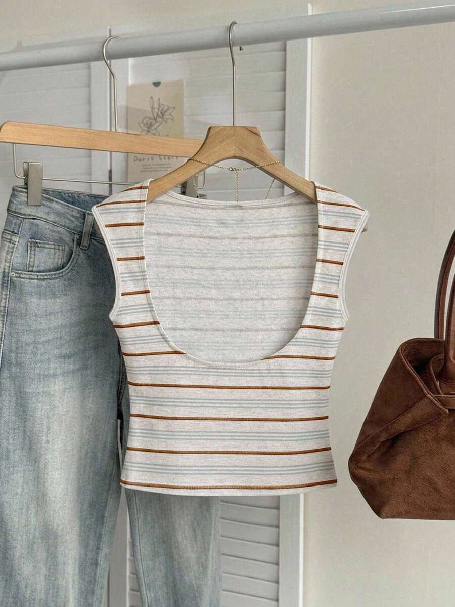 Tseoso Casual Minimalist Style Grey Faux-Texture Striped Print Women's Short Sleeve T-Shirt Sexy Backless Top Suitable For Spring And Summer Versatile - Multicolor - View 1