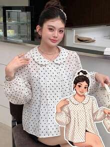 Dazy Plus 彼得潘領格紋休閒韓系學院風短袖大尺碼女款藍色襯衫 春夏秋 - 白色 - 查看 1