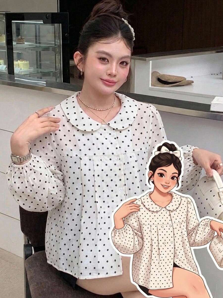 Dazy Plus 彼得潘領格紋休閒韓系學院風短袖大尺碼女款藍色襯衫 春夏秋 - 白色 - 查看 1