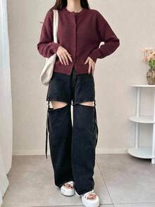 DAZY Cárdigan de punto de lana rojo minimalista de unicolor para mujeres - Burdeos - Ver 11