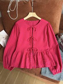 Comfortcana Plus Size Plaid Minimalist Tie-Front Ruffle Hem Blouse Fall - Watermelon Pink - View 6