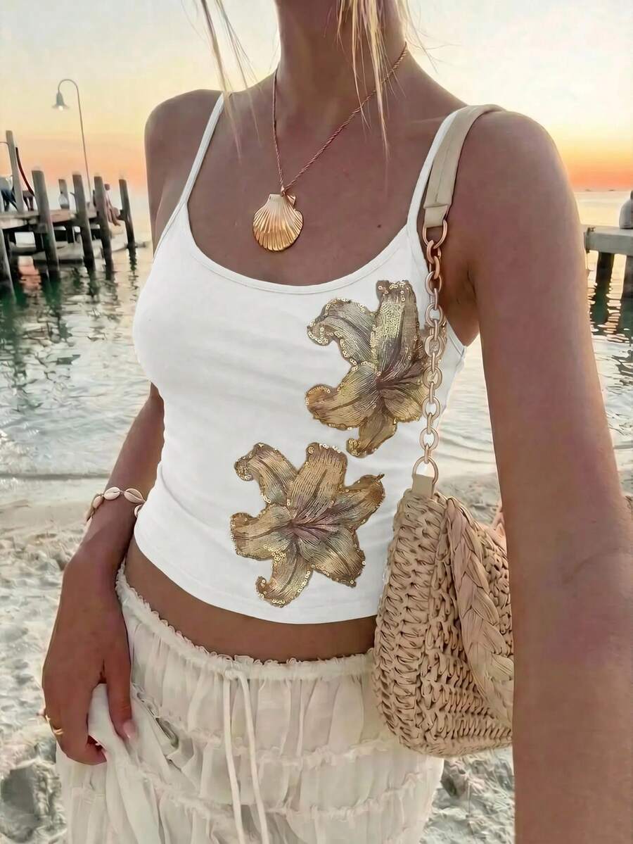 Aloruh Women's New Daily Street Style Sexy Lace & Sequin Patchwork Camisole Tank Top - White - View 1