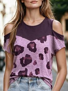 Yunfilé T-shirt d'été décontracté pour femme à manches courtes, imprimé léopard et blocs de couleurs, avec découpes aux épaules, top graphique imprimé guépard - Multicolore - Voir 1