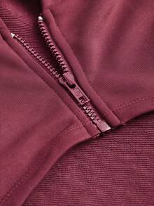 SHEIN EZwear 落肩拉鍊超短抽繩連帽衛衣，不含內搭背心，秋冬款 - 酒紅色 - 查看 4