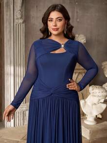 Aureia 2026 New Elegant Deep Royal Blue Mesh One-Shoulder Slimming Ruched Asymmetrical Twisted Split A-Line High Slit Dress, Suitable For Wedding Events, Bridesmaid Gown, All Formal Occasions, Heavy Embellished Evening Gown - Blue - View 5
