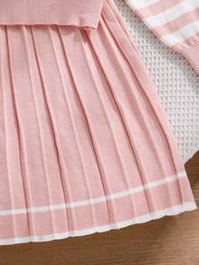 SHEIN 女童針織兩件套，粉色可愛刺繡兔子格紋毛衣 + 針織迷你裙，青少年女款長袖V領套頭衫，休閒優雅風，適合秋冬 - 粉色 - 查看 8
