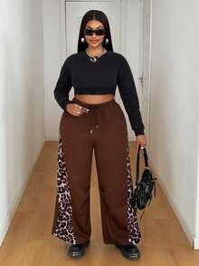 Maweii Celana Panjang Ukuran Besar Warna Cokelat Tua Motif Leopard Samping, Potongan Lebar, Kasual, Pinggang Elastis, Menutupi Pinggul, Melangsingkan, Gaya Jalanan Amerika, Cocok untuk di Rumah & Perjalanan. - MultiWarna - View 7