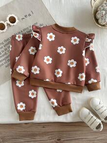 SHEIN Vintaside Kids 2件組幼女拉鍊夾克運動褲套裝，可愛甜美鐵鏽棕色雛菊花卉荷葉邊長袖羅紋領，適合戶外露營、秋季慢跑、舒適運動 - 卡其色 - 查看 2