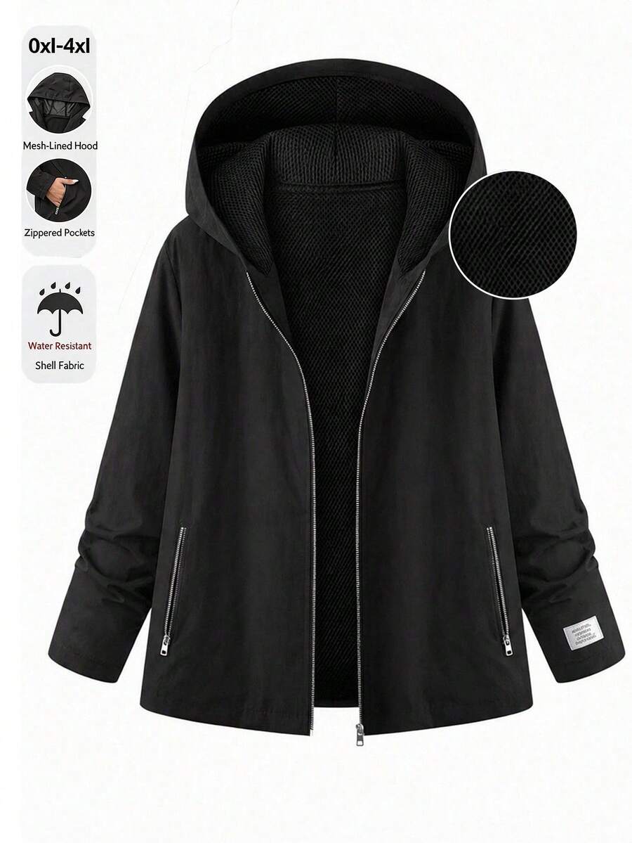 Reflora Plus Size Women Solid Color Hooded Zip-Up Casual Daily Long Sleeve Jacket Fall - Black - View 1