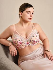 Hourtrue 1pc Plus Size Women Lace Patchwork Wireless Bra, Comfortable & Minimalist Design, Knitted Fabric - Apricot - View 6