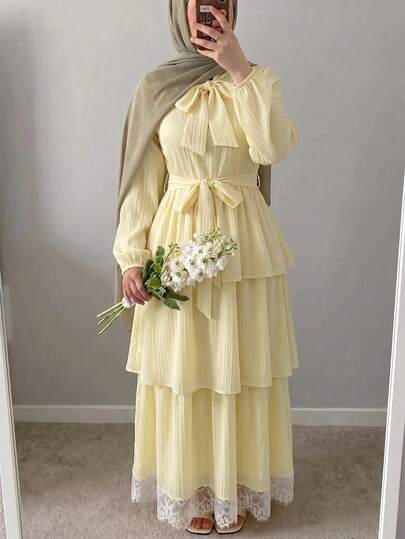 Solavon Women's Casual Versatile Yellow Textured Pleated-Waist Tiered Maxi Dress With Lace Trim And Bow Neckline