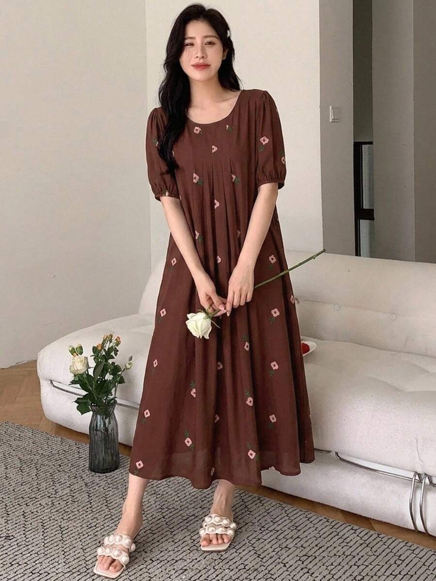 DAZY Floral Print Lightweight Long Dress Summer Outfit Women's Nightgown - Brown - View 1