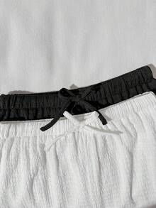 SHEIN 青少年女孩春/秋新款經典紋理布料黑白設計極簡休閒通勤百搭法式時尚寬鬆長褲 - 黑與白 - 查看 3
