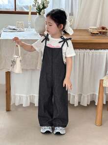SHEIN Little Byeori 女童深藍色牛仔寬鬆連身褲 - 黑色 - 查看 4