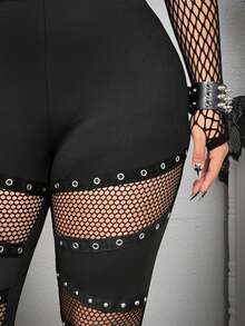 Whyspr Grunge Punk Darkwear Party Plus Size Punk Style Mesh Patchwork Grommet Leggings - Black - View 4